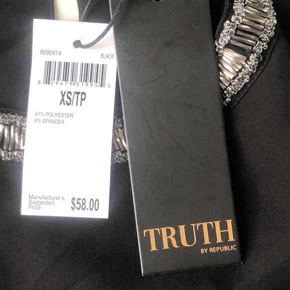 Truth By Republic Top Size XS Sleeveless Semi Sheer Tiered Black Beaded Neckline - Picture 7 of 12